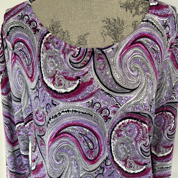 Talbots Pure Merino Wool Purple Paisley LS Round Neck Pullover Sweater Top Sz L - Picture 2 of 8